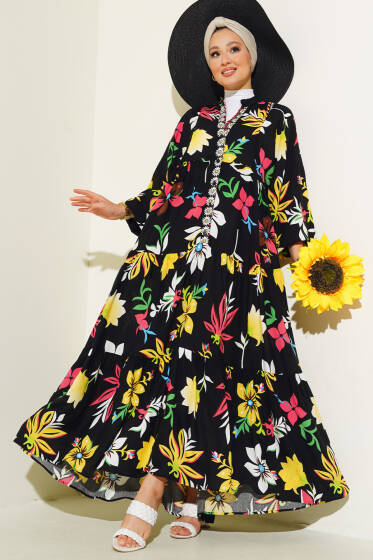 Karışık Desen Kat Salaş Elbise Siyah - Tesettür Elbise