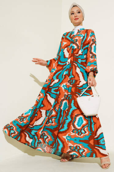 Karışık Desen Kat Salaş Elbise Taba - Elbise