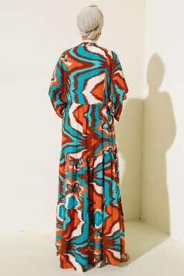 Karışık Desen Kat Salaş Elbise Taba - Tesettür Elbise