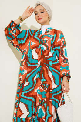 Karışık Desen Kat Salaş Elbise Taba - Tesettür Elbise