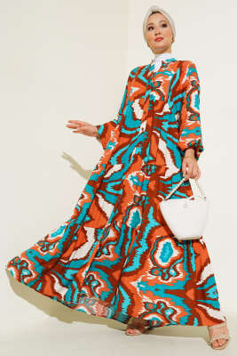 Karışık Desen Kat Salaş Elbise Taba 