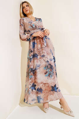 Karışık Desen Kruvaze Yaka Elbise İndigo 