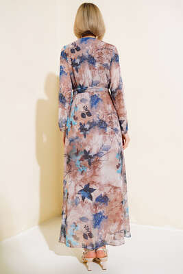 Karışık Desen Kruvaze Yaka Elbise İndigo - Kadın Giyim Modelleri