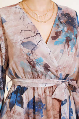 Karışık Desen Kruvaze Yaka Elbise İndigo - Kadın Giyim Modelleri