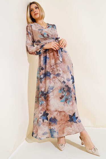 Karışık Desen Kruvaze Yaka Elbise İndigo - Yeni Giyim