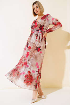 Karışık Desen Kruvaze Yaka Elbise Kırmızı - Kadın Giyim Modelleri