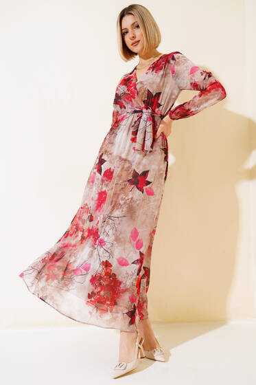 Karışık Desen Kruvaze Yaka Elbise Kırmızı - Kadın Giyim Modelleri