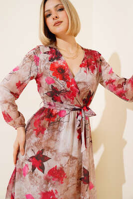 Karışık Desen Kruvaze Yaka Elbise Kırmızı - Kadın Giyim Modelleri