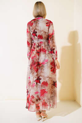 Karışık Desen Kruvaze Yaka Elbise Kırmızı - Kadın Giyim Modelleri