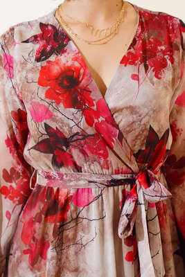 Karışık Desen Kruvaze Yaka Elbise Kırmızı - Kadın Giyim Modelleri