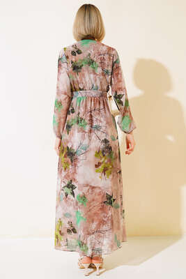 Karışık Desen Kruvaze Yaka Elbise Yeşil - Kadın Giyim Modelleri