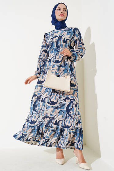Karışık Desen Kuşaklı Elbise İndigo - Elbise