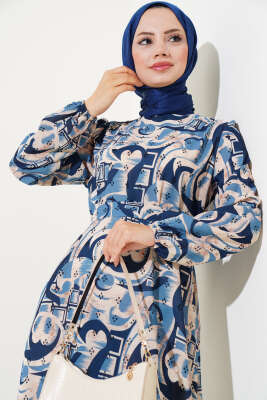 Karışık Desen Kuşaklı Elbise İndigo - Tesettür Elbise