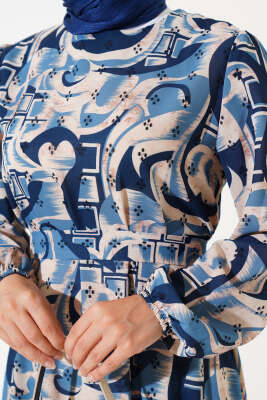 Karışık Desen Kuşaklı Elbise İndigo - Tesettür Elbise