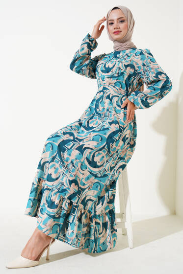 Karışık Desen Kuşaklı Elbise Petrol - Elbise