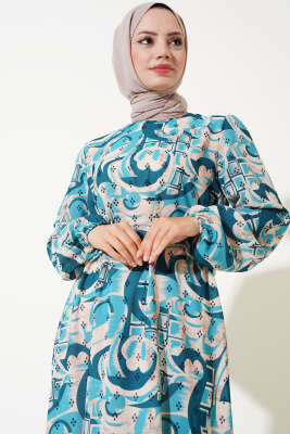 Karışık Desen Kuşaklı Elbise Petrol - Tesettür Elbise