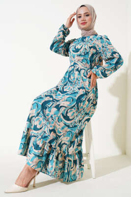 Karışık Desen Kuşaklı Elbise Petrol 