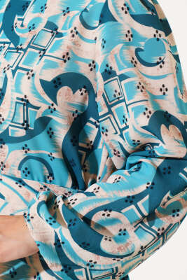 Karışık Desen Kuşaklı Elbise Petrol - Tesettür Elbise