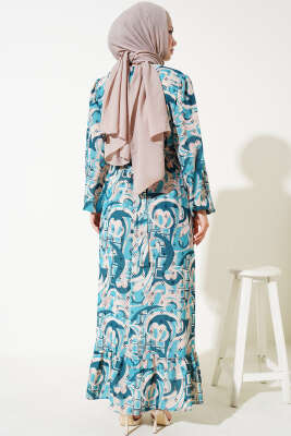 Karışık Desen Kuşaklı Elbise Petrol - Tesettür Elbise