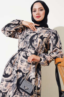 Karışık Desen Kuşaklı Elbise Siyah 