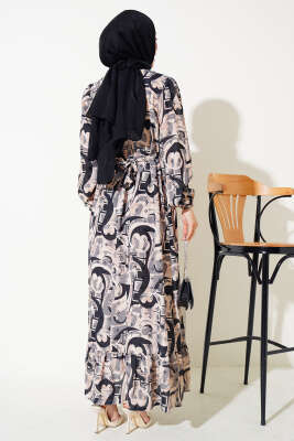 Karışık Desen Kuşaklı Elbise Siyah - Tesettür Elbise