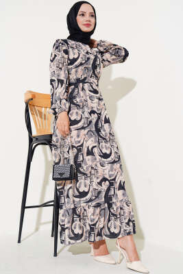 Karışık Desen Kuşaklı Elbise Siyah - Tesettür Elbise