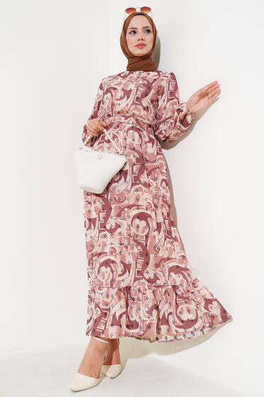 Karışık Desen Kuşaklı Elbise Taba - Elbise
