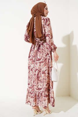 Karışık Desen Kuşaklı Elbise Taba - Tesettür Elbise