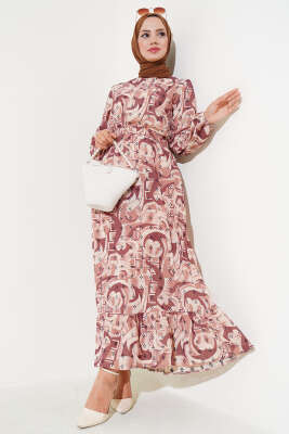 Karışık Desen Kuşaklı Elbise Taba - MUSTİ