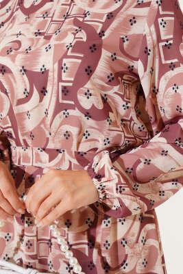 Karışık Desen Kuşaklı Elbise Taba - Tesettür Elbise