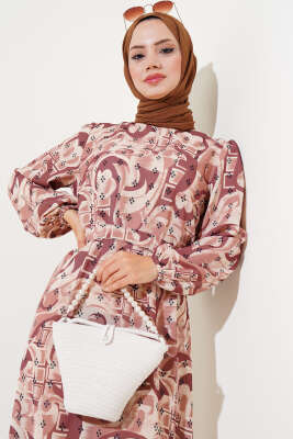 Karışık Desen Kuşaklı Elbise Taba - Tesettür Elbise