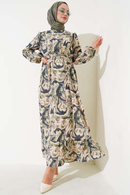 Karışık Desen Kuşaklı Elbise Yeşil 