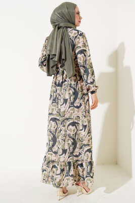 Karışık Desen Kuşaklı Elbise Yeşil - Tesettür Elbise