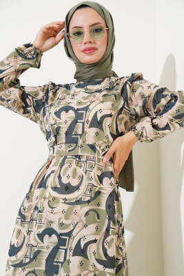 Karışık Desen Kuşaklı Elbise Yeşil - Tesettür Elbise