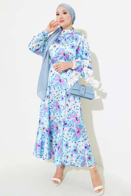 Karışık Desen Kuşaklı Saten Elbise Bebe Mavi - Tesettür Elbise