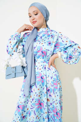 Karışık Desen Kuşaklı Saten Elbise Bebe Mavi - Tesettür Elbise