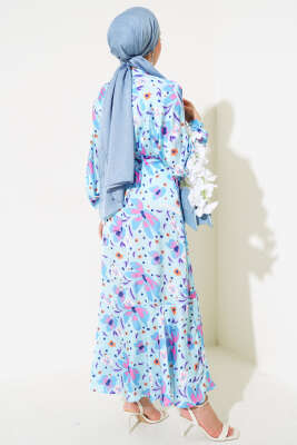 Karışık Desen Kuşaklı Saten Elbise Bebe Mavi - Tesettür Elbise