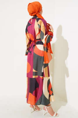 Karışık Desen Kuşaklı Saten Elbise Bordo - Tesettür Elbise