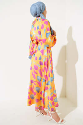 Karışık Desen Kuşaklı Saten Elbise Sarı - Tesettür Elbise