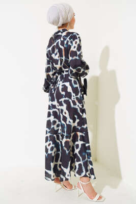 Karışık Desen Kuşaklı Saten Elbise Siyah - Tesettür Elbise