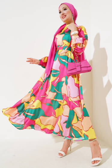 Karışık Desen Kuşaklı Saten Elbise Yeşil Fuşya - Elbise