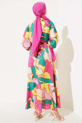 Karışık Desen Kuşaklı Saten Elbise Yeşil Fuşya - Tesettür Elbise