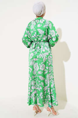 Karışık Desen Kuşaklı Saten Elbise Yeşil - Tesettür Elbise