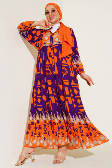 Karışık Desen Salaş Elbise Mor - Tesettür Elbise