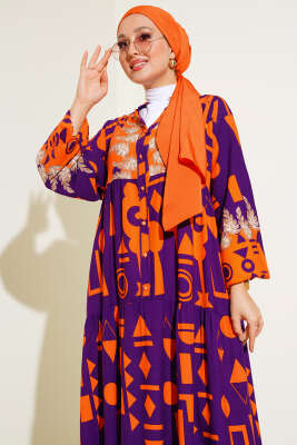 Karışık Desen Salaş Elbise Mor - Tesettür Elbise