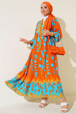 Karışık Desen Salaş Elbise Oranj 