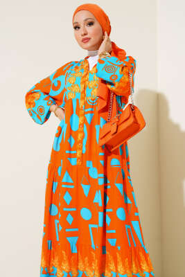 Karışık Desen Salaş Elbise Oranj - Tesettür Elbise