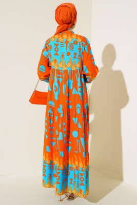 Karışık Desen Salaş Elbise Oranj - Tesettür Elbise