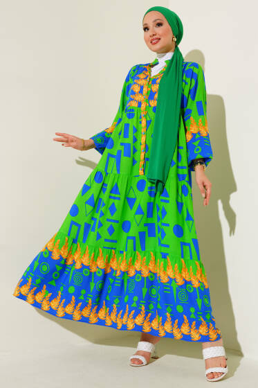 Karışık Desen Salaş Elbise Yeşil - Elbise