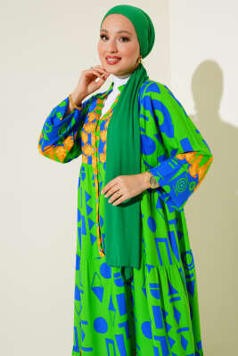 Karışık Desen Salaş Elbise Yeşil - Tesettür Elbise